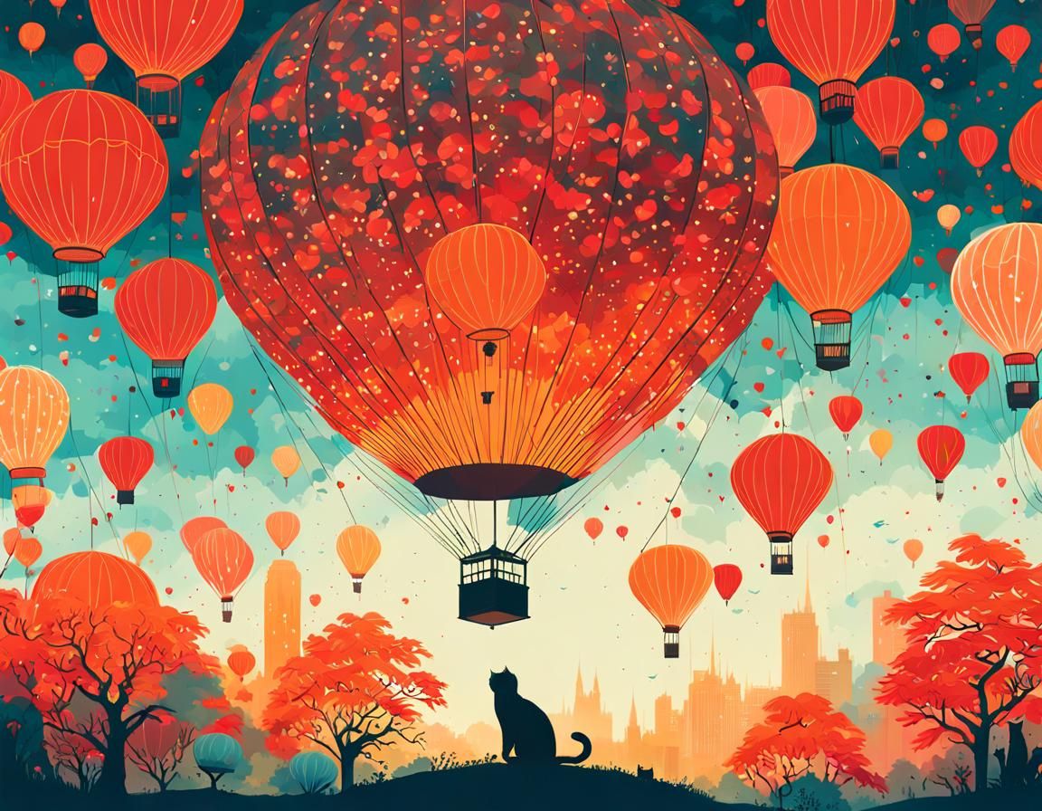 Cat looking at floating air lanterns during Lunar New Year i...