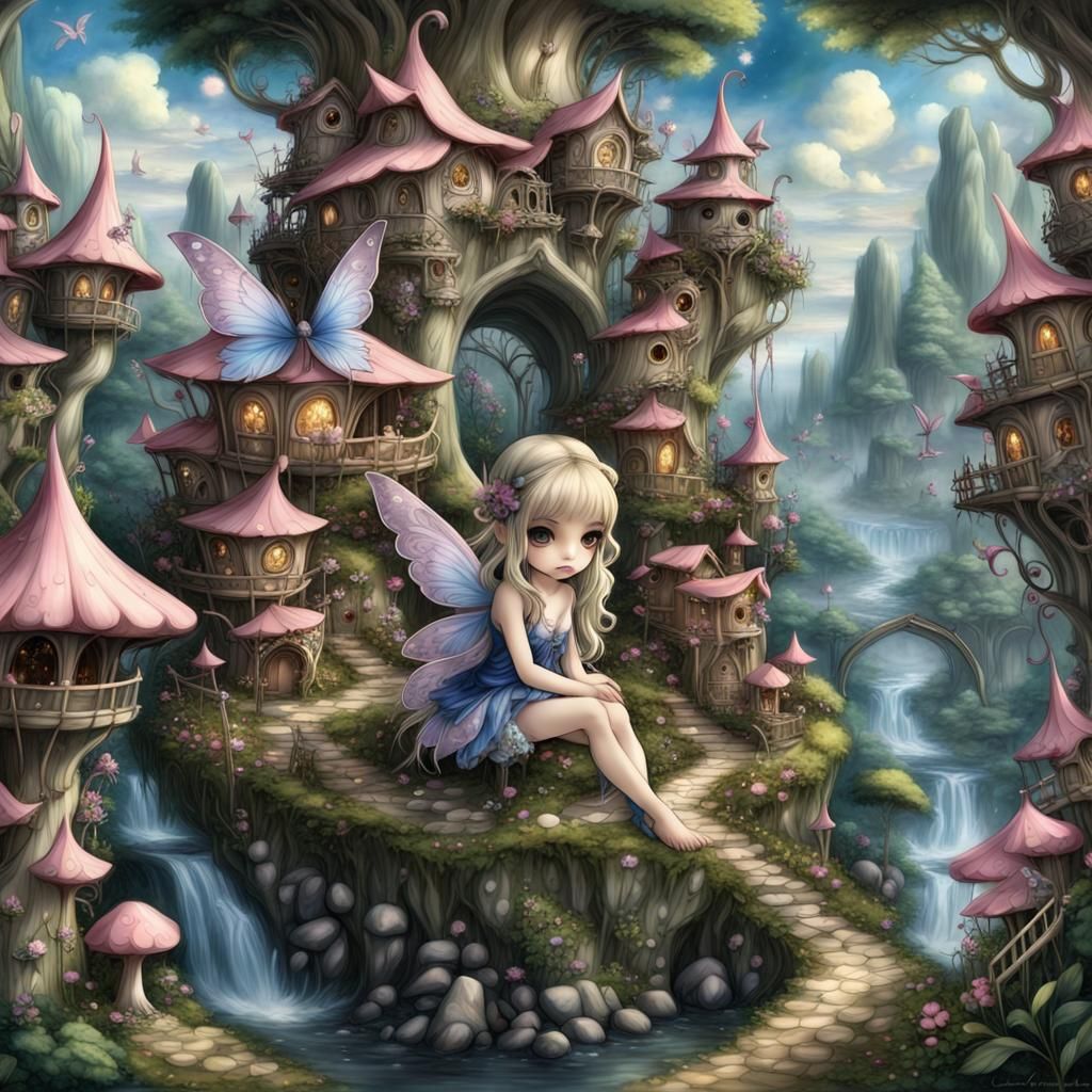 realistic picture intricate fairy in a huge fairy village art by
