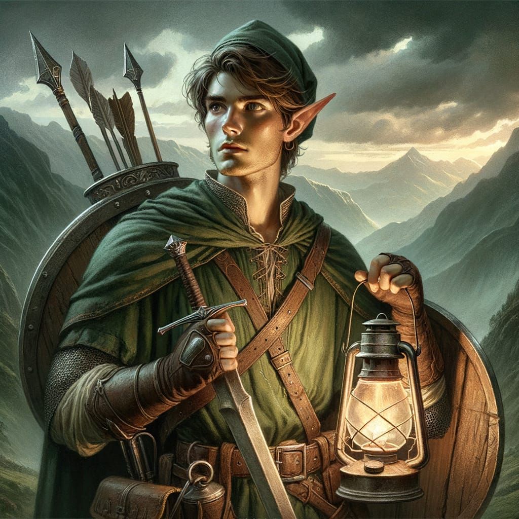 Link is journeying through a dark valley.  He is carrying sword, shield, and a lantern.
