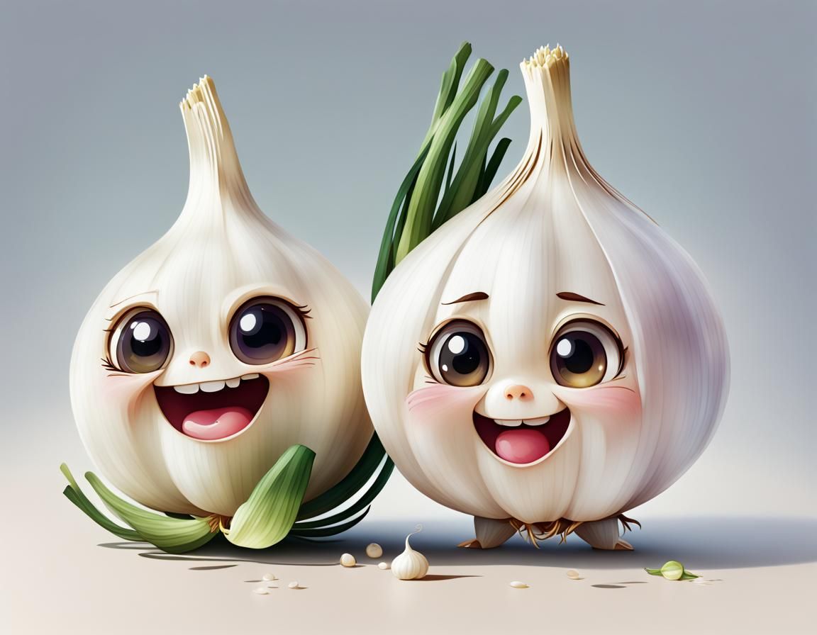 Chibi Onion and Garlic Pair with exaggerated proportion, large head, and minimal detail, with huge, distinct ...  by @MothersHeart