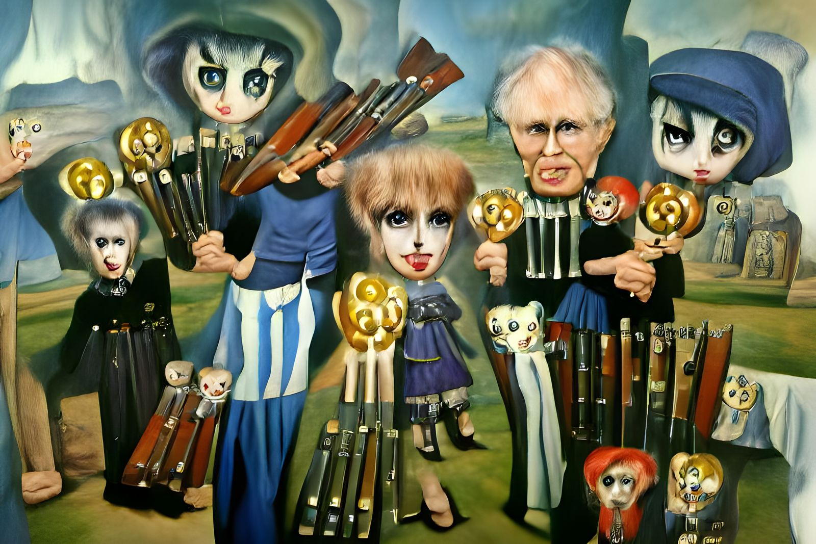 gothic clowns with antique weapons, margaret keane AI Generated
