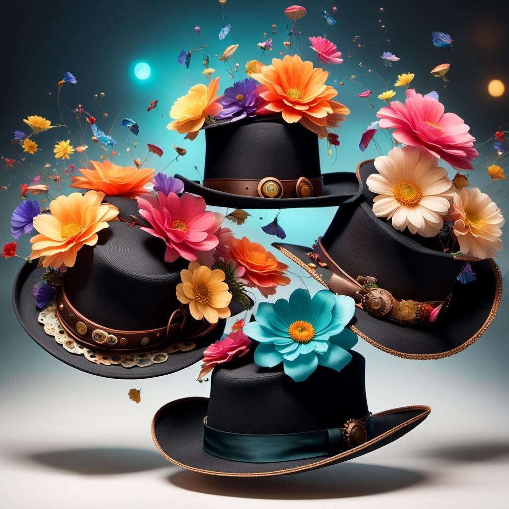 A whimsical parade of hats floating in mid-air, each uniquel...