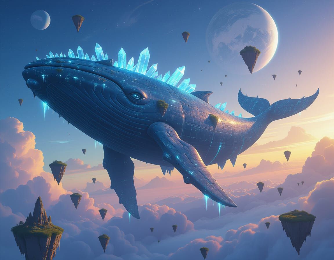 An ancient, colossal sky whale, its body encrusted with crystalline structures and trailing bioluminescent algae, drifts serenely through a ...
