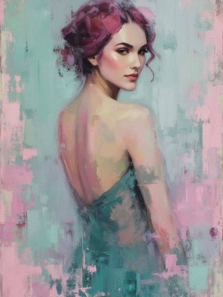 <lora:Messy oil portraits:1.0> female, messy oil painting, rough texture  pink and teal hues