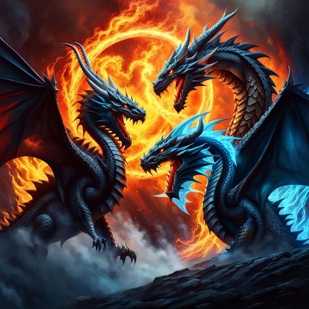 Ice dragon vs a fire dragon, fighting in circle