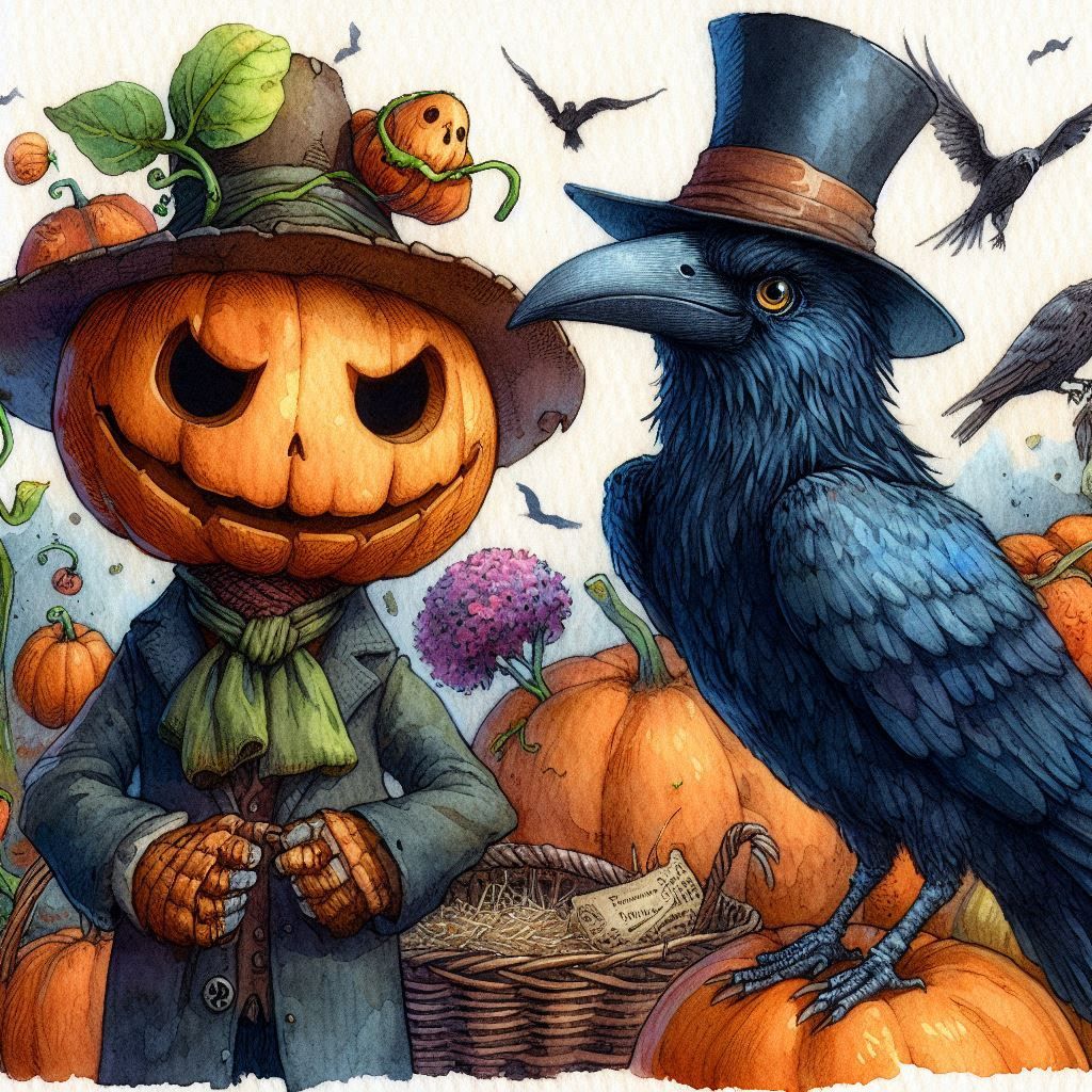 Merv the pumpkinhead and Raven Matthew from Neil Gaiman stories in watercolor style
