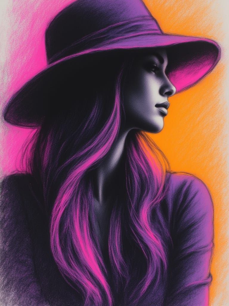 <lora:Neon Charcoal:1.0> Half body length of a female with hat created in neon charcoal, purple, pink and orange