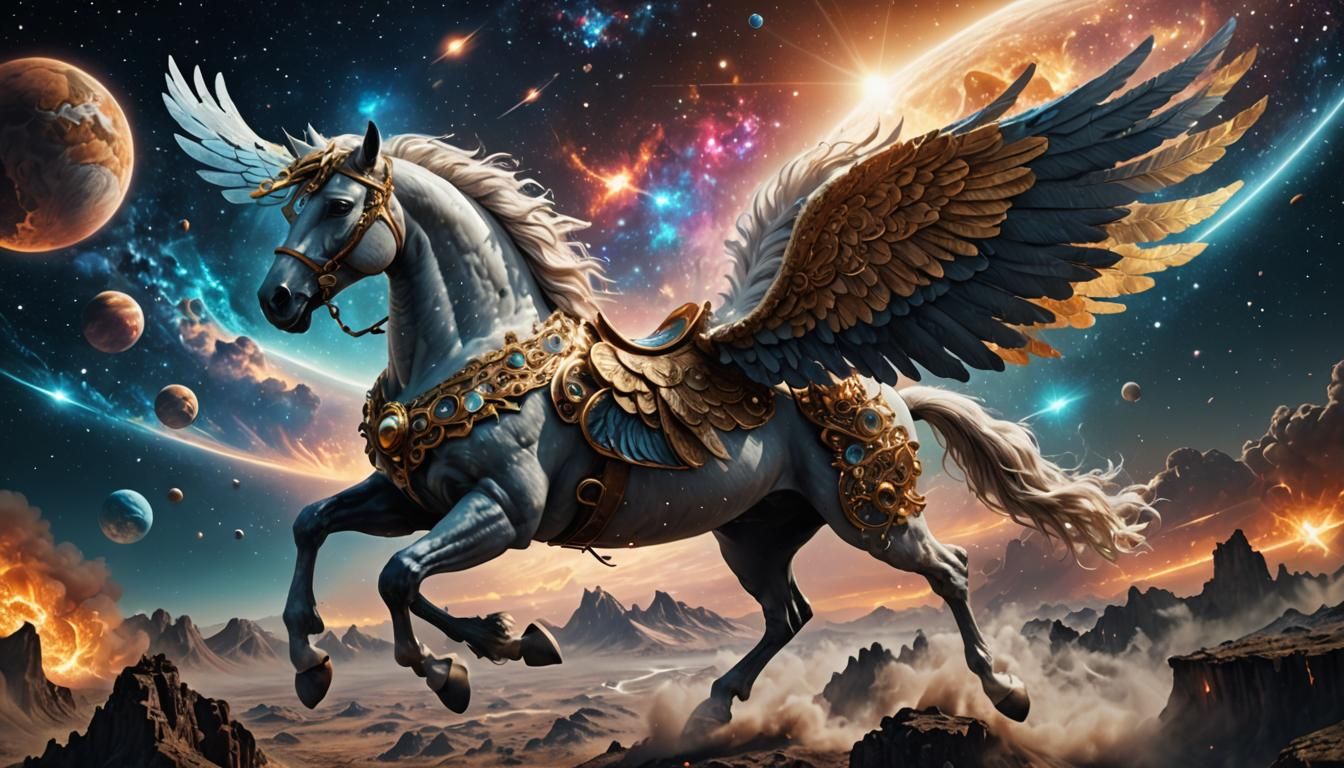 cosmic fantasy pegasus flying thru space Epic cinematic brilliant ...