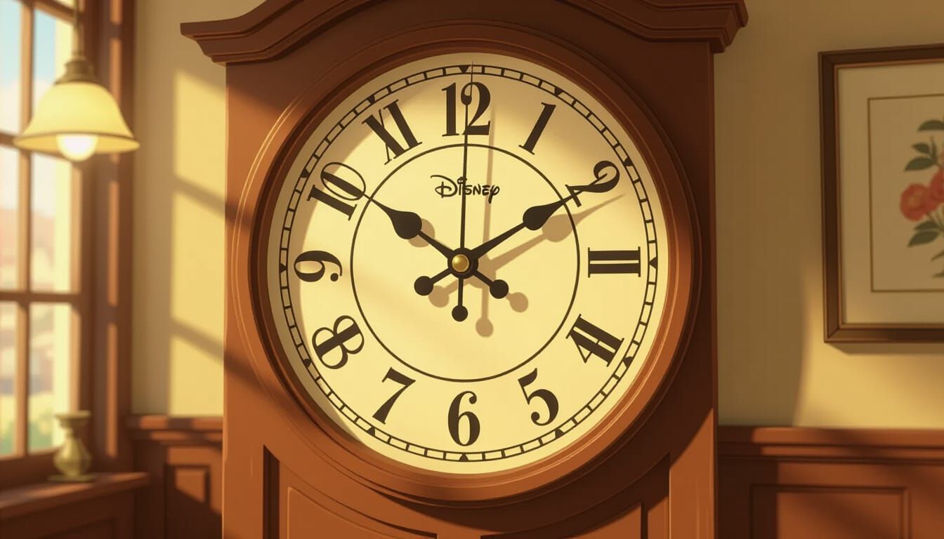 3 o clock at  big clock with pendulum of school wall 3d disney like picture 