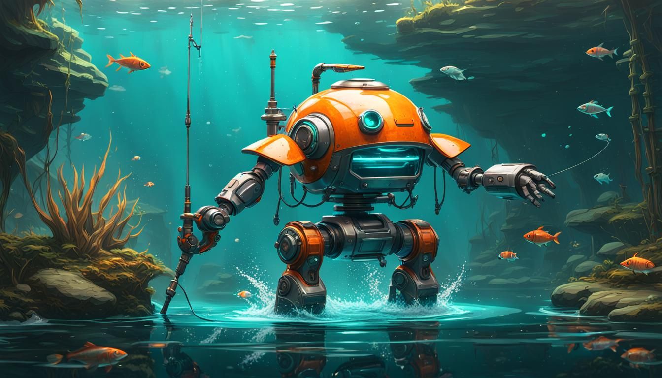 A cute robot designed for fishing and selling fish; the robot has