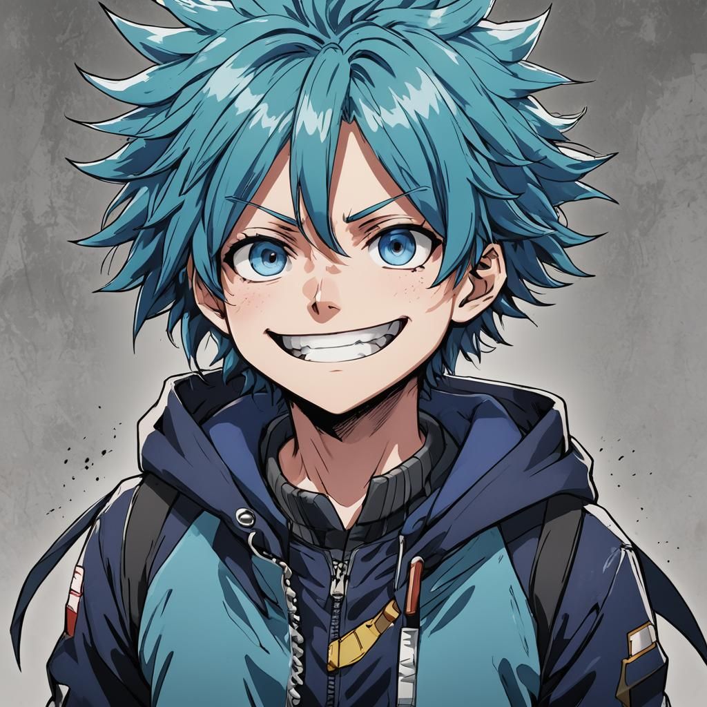 My hero academia character with blue eyes and spikes blue hair with black  tips, large smile. Hands behind head - AI Generated Artwork - NightCafe  Creator