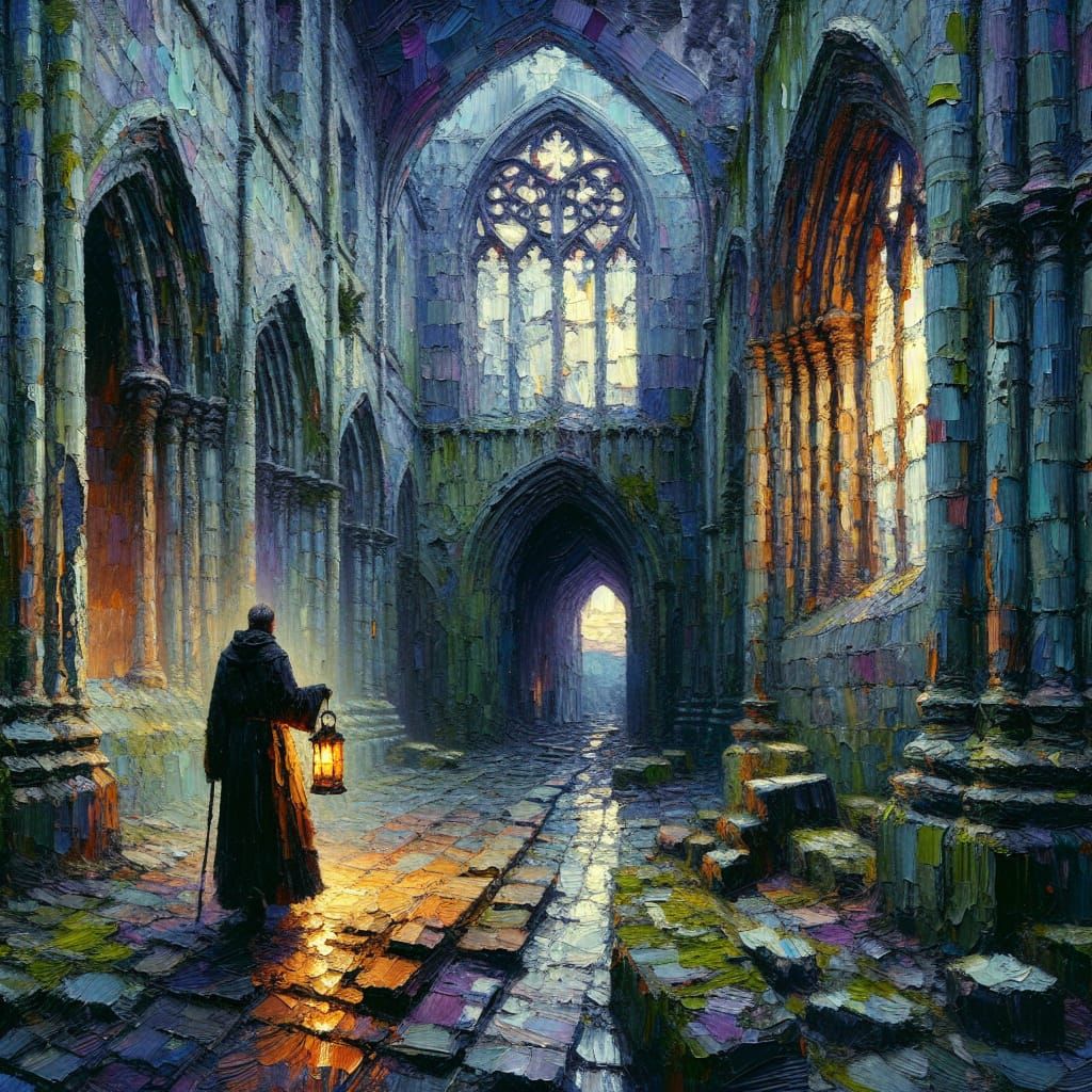 A solitary monk walking through the ruins of a Gothic abbey  by @Wizfield
