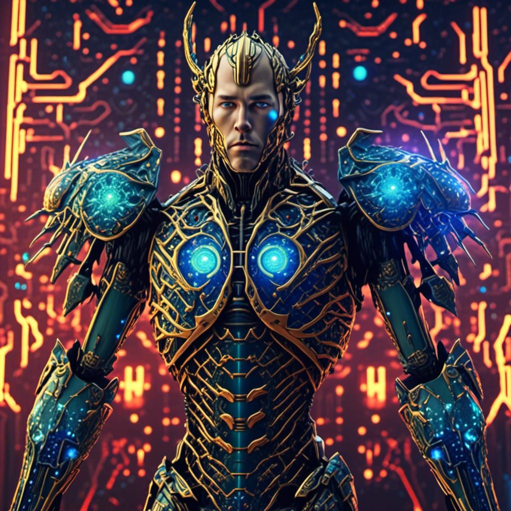 cinematic lighting, realistic detailed intricate, bacteria, midnight uranium glass, Handsome armor 20 year-old man short blonde hair gold bl...