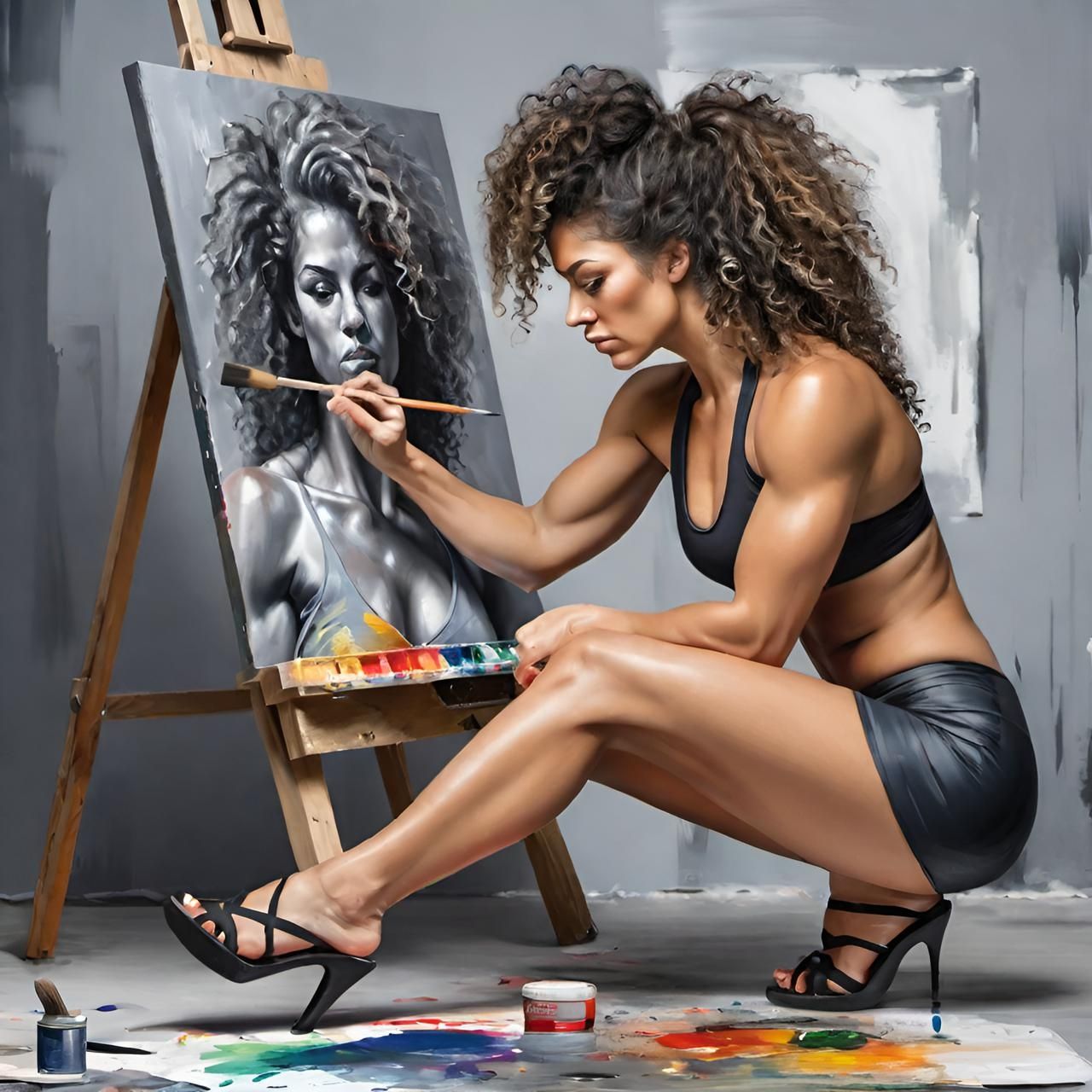 A muscular fitness woman is painting her own portrait