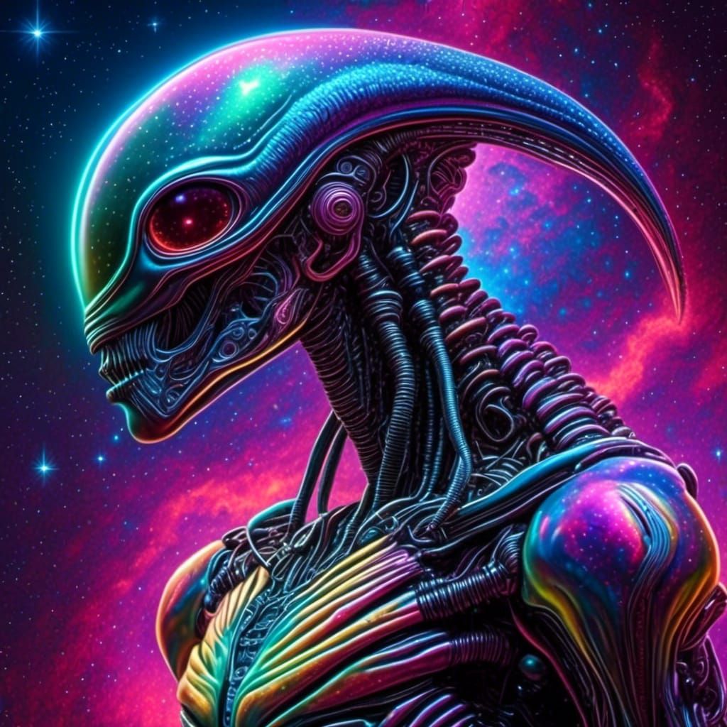 chest up portrait profile alien with visible musculature, elaborate inner workings in head, puppy in arms | soft sparkle mist, vibrant cosmi...