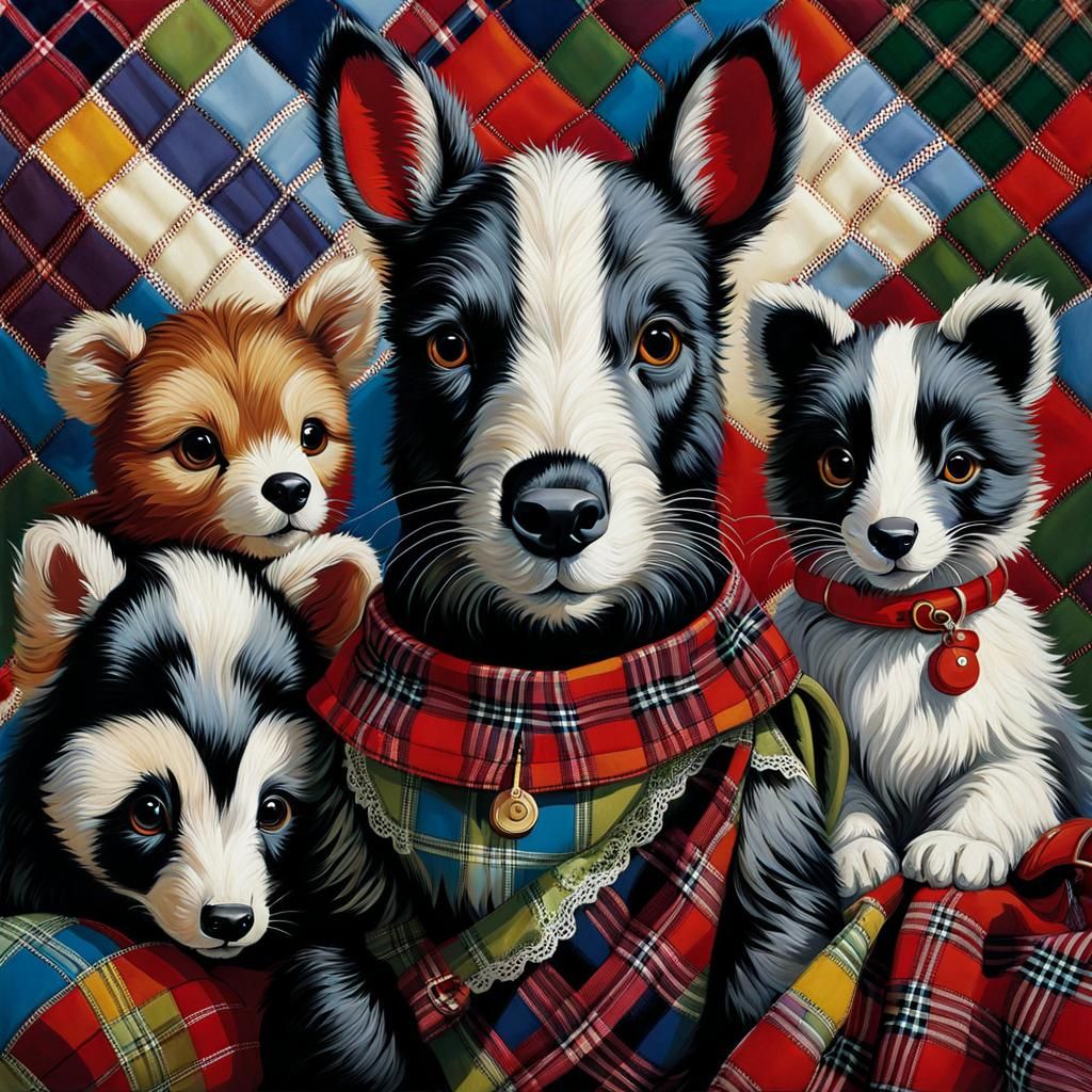Cute patchwork animals made of plaid patterned fabric, tarta...