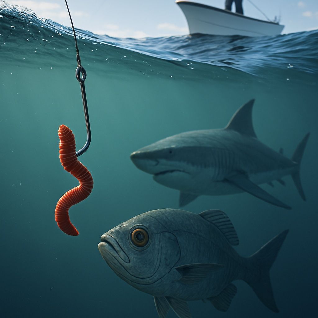 worm, fish, shark and the fisherman