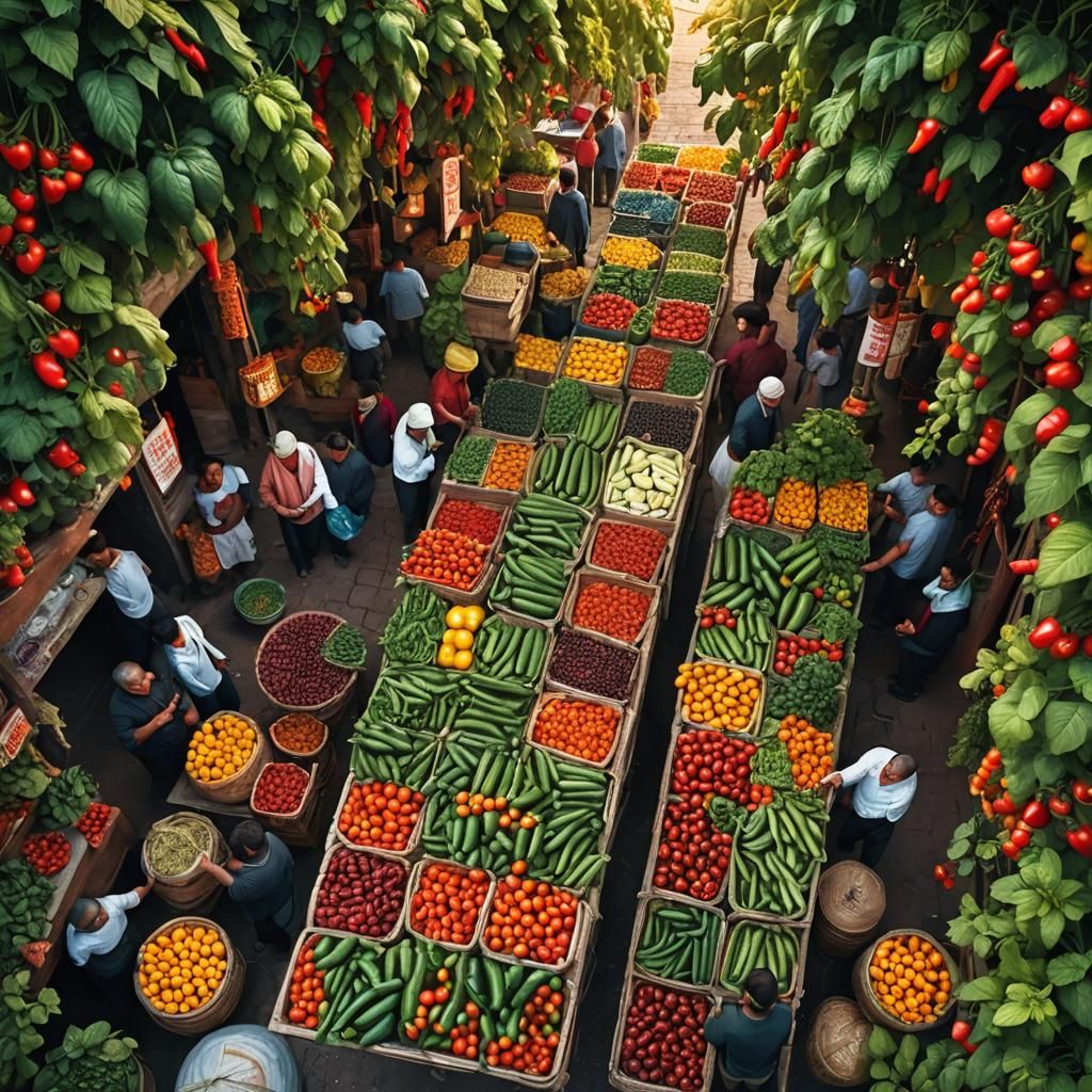 Whimsical Market Scene with Lanterns and Lush Greenery