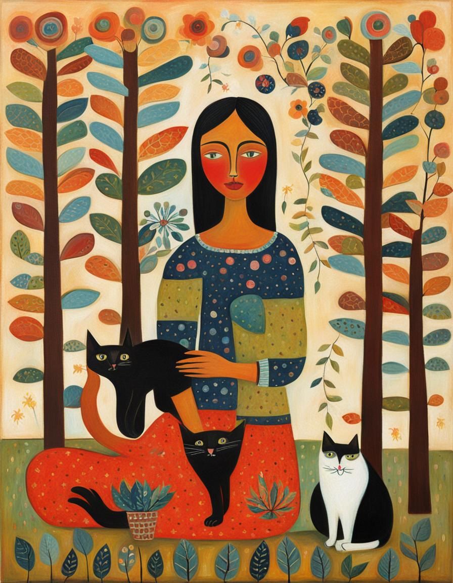woman and cat, whimsical folk art