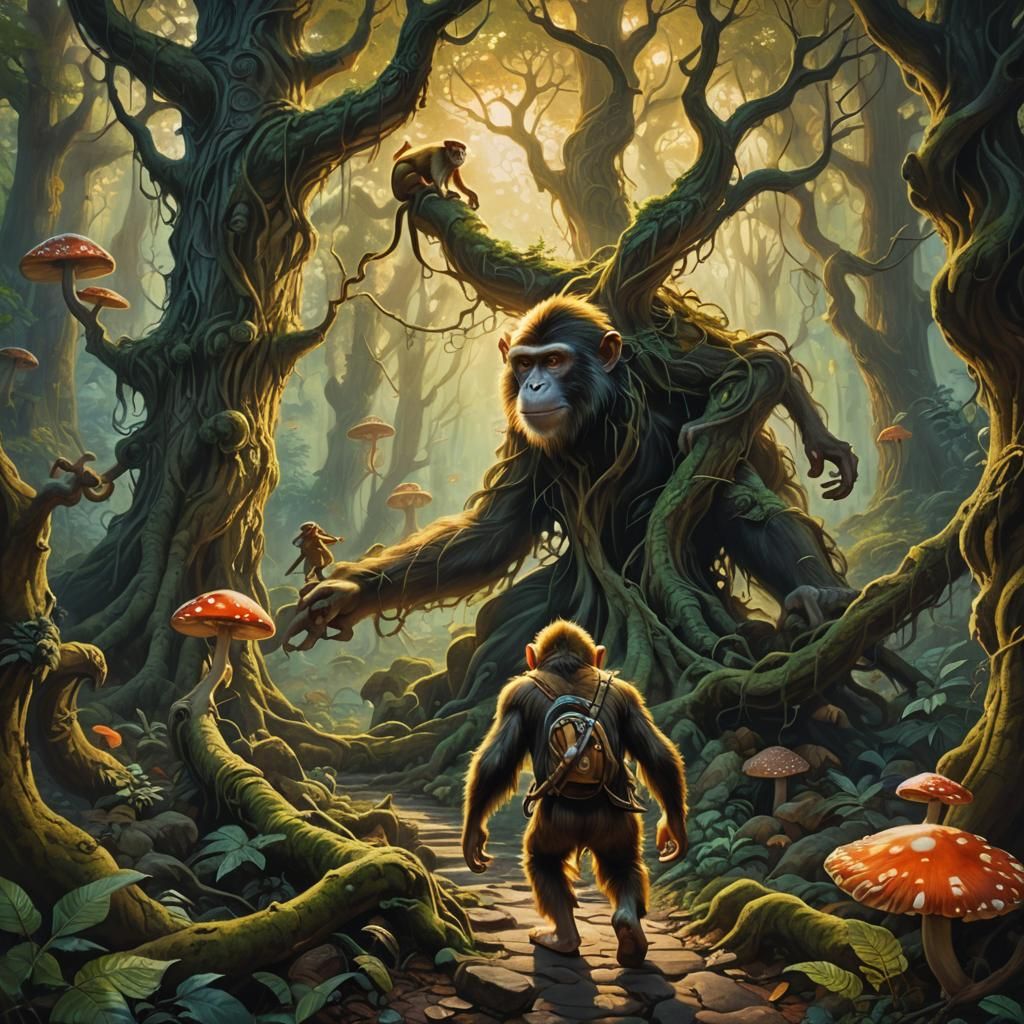 Mystical Monkey Follows Man in Enchanted Forest