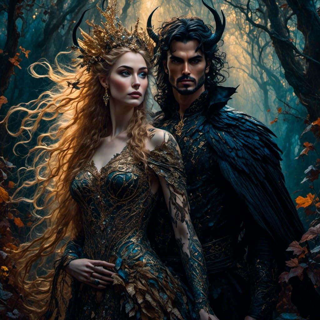 <lora:FantasyLove:1.0> Stunning female light haired fae and male dark high lord  with dark black whirls of tattoos