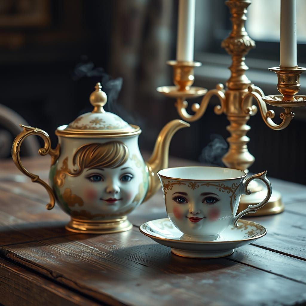 A single teacup and teapot with delicate painted faces  by @Victoria G