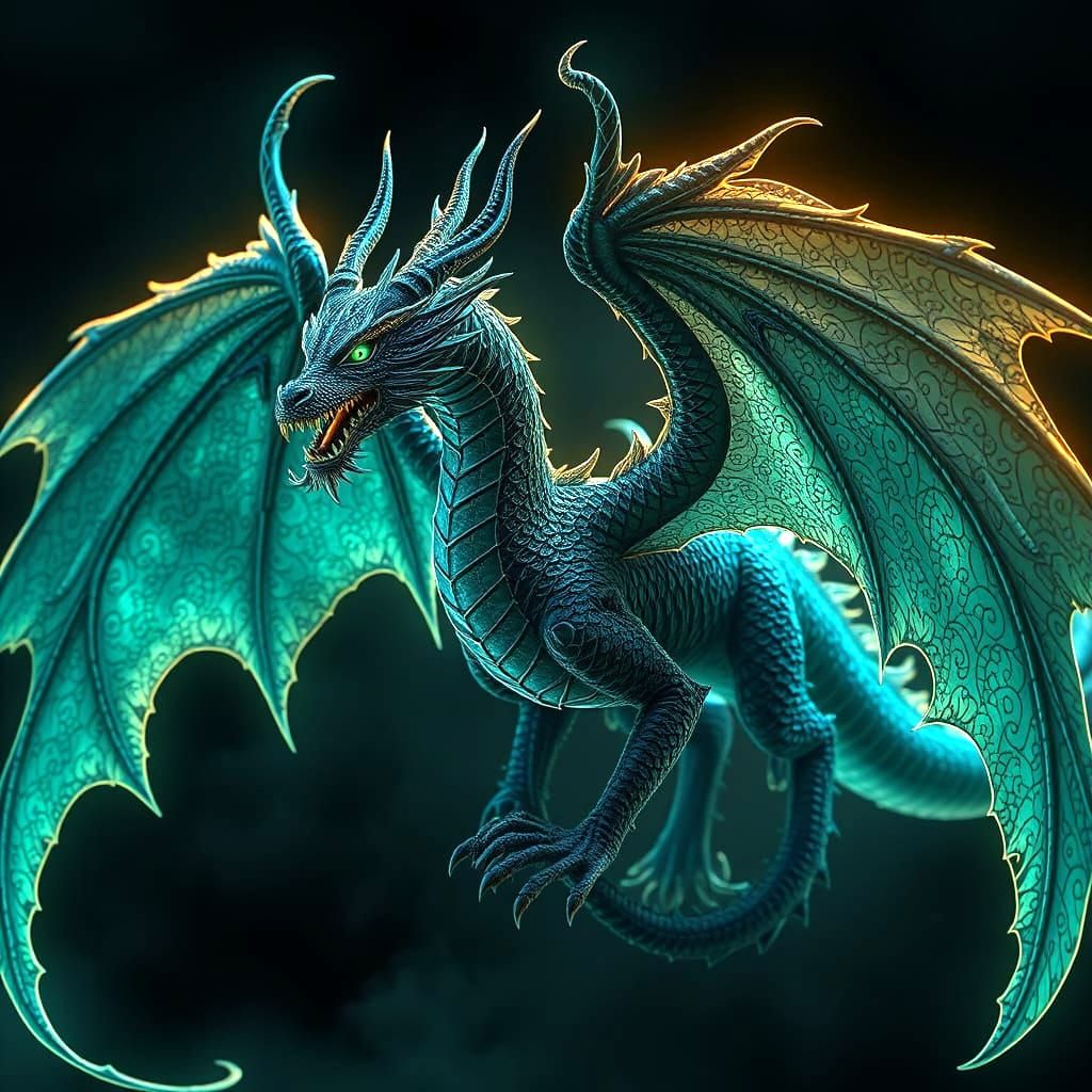 A Dragon that is bioluminescent and ethereal, with filigree, and a black background filled with black designs of filigree. The Dragon is bla...
