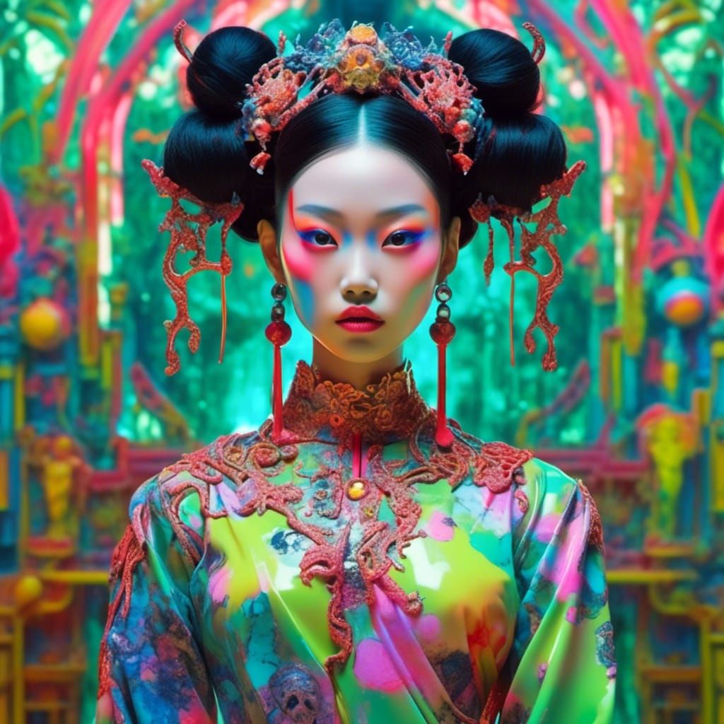 abstract portrait, beautiful royal asian girl, by David LaChapelle, slightly macabre, multicolored, intricated pose, neon backlit, balance b...