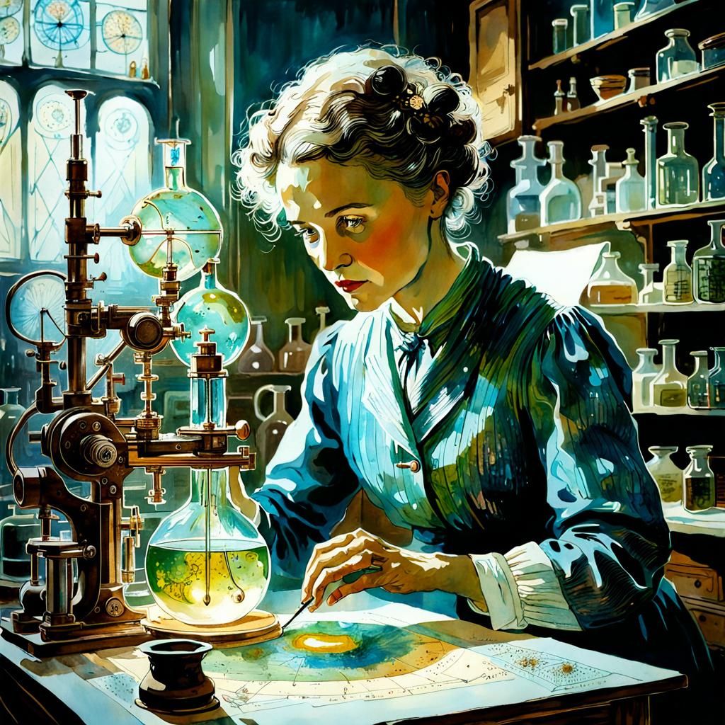 Marie Curie working in her laboratory, vintage, historical accurate, Carne Griffiths, Stephanie Law, ...  by @Winter