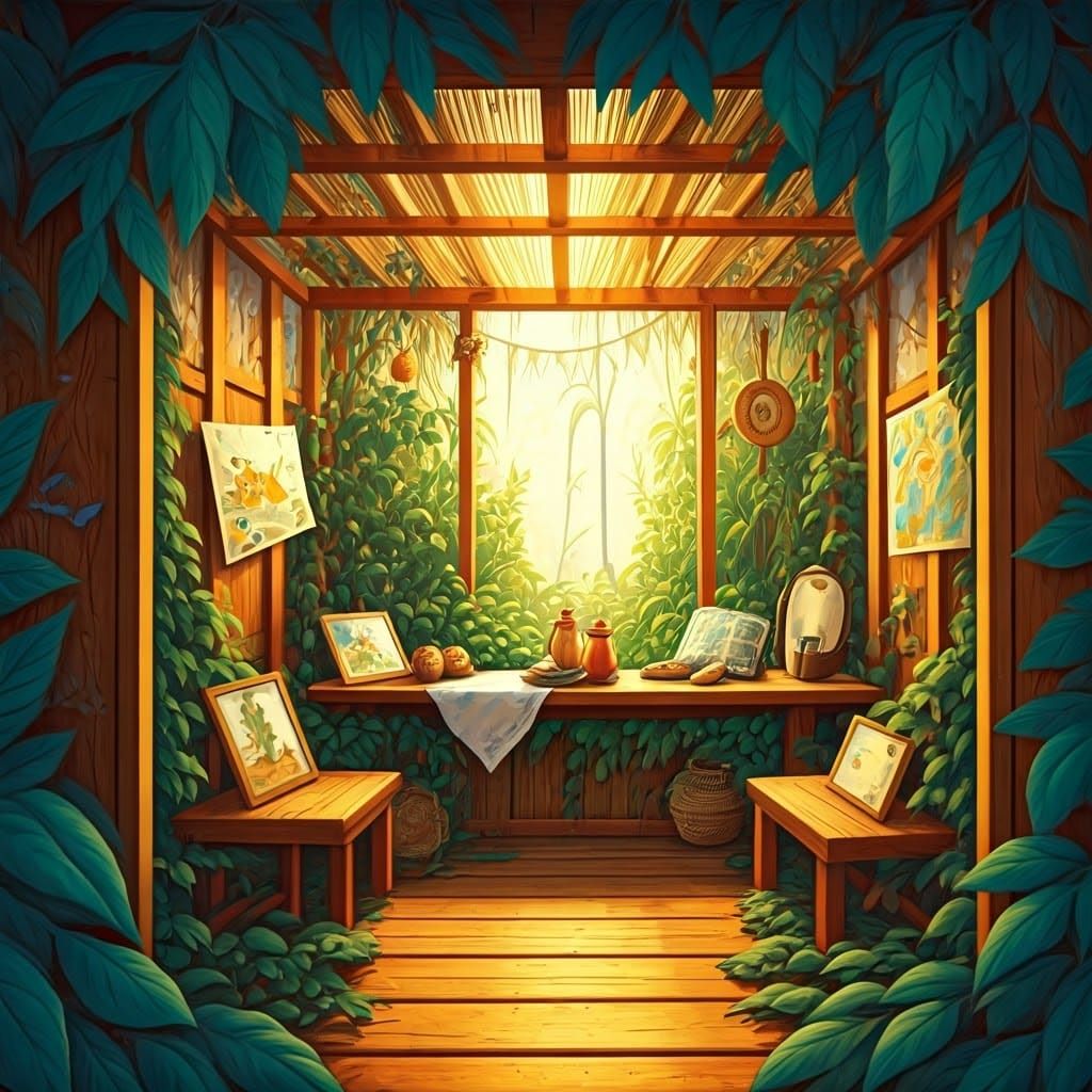 Joyful Sukkah Interior with Children's Art in Oil Painting S...