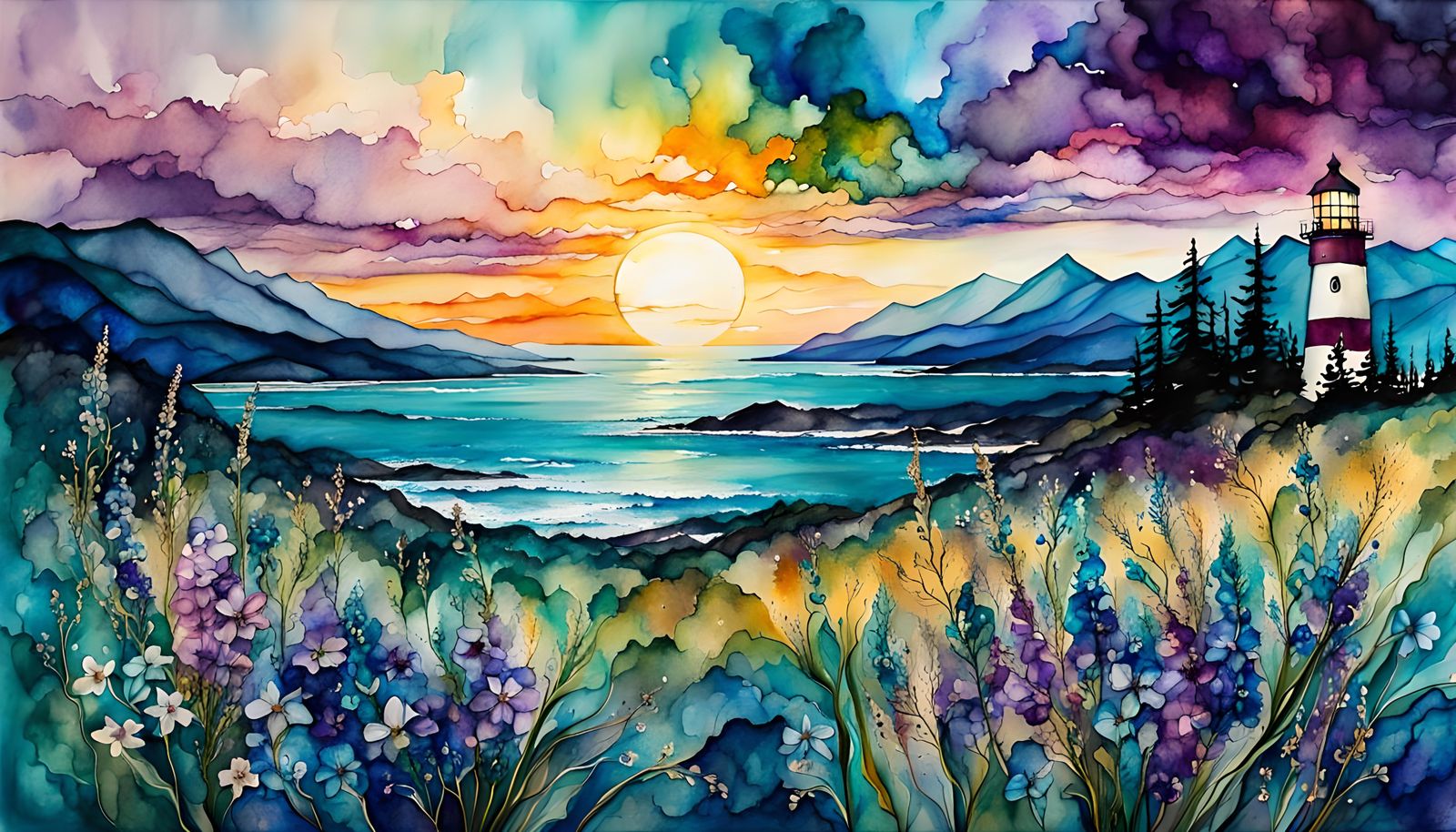 Sunset wildflowers and lighthouse Seascape - AI Generated Artwork ...