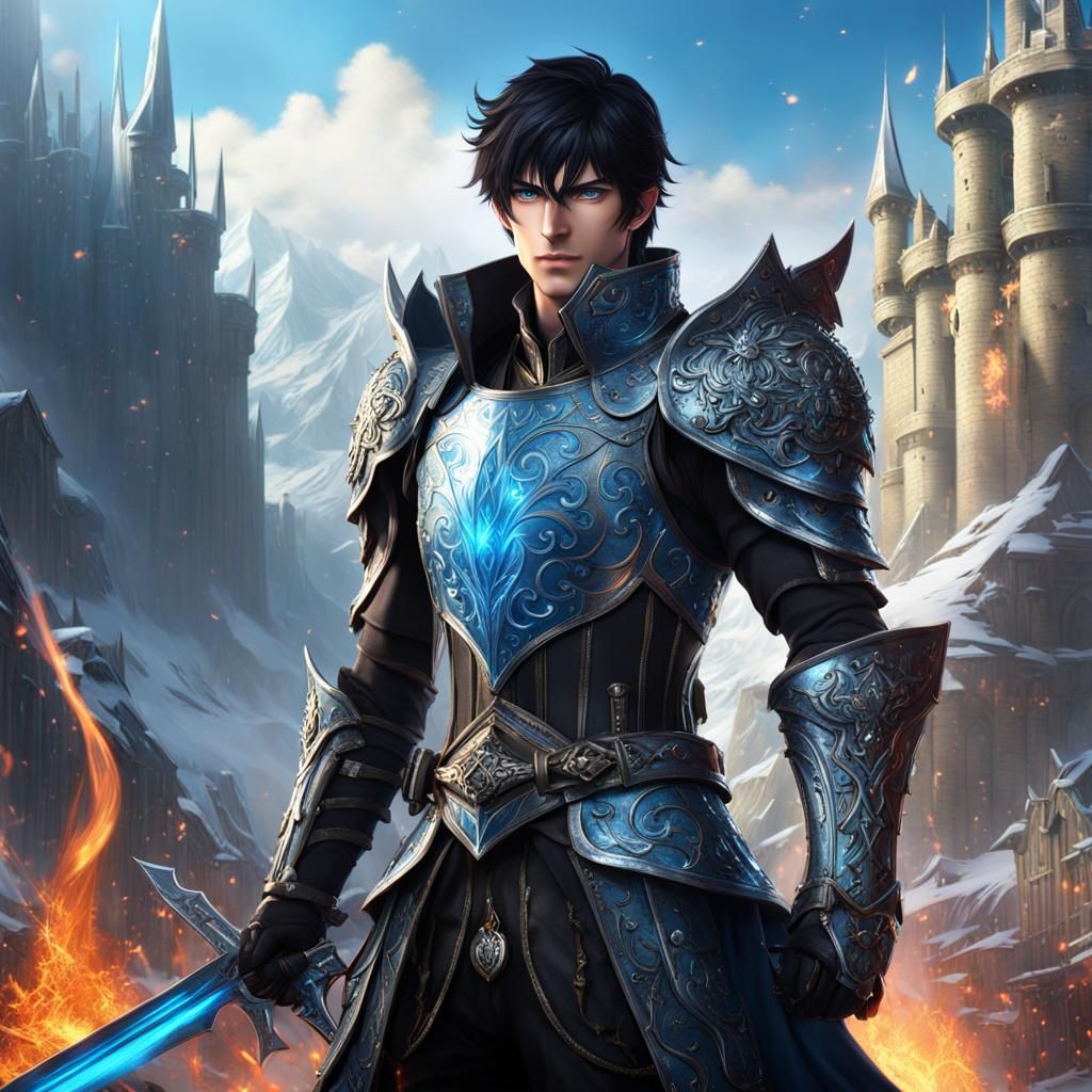 An anime guy knight, 16, black hair, icy blue eyes, fierce, really hot