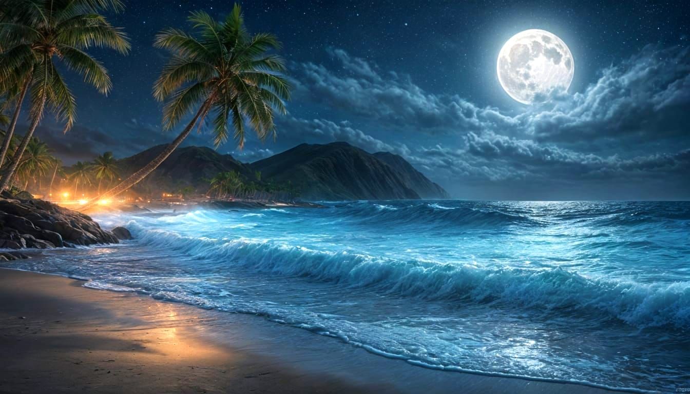 <Hyper realistic> <soft cinematic lighting > Hyper-realistic digital art. Medium shot. A moonlit beach ...  by @Carlos