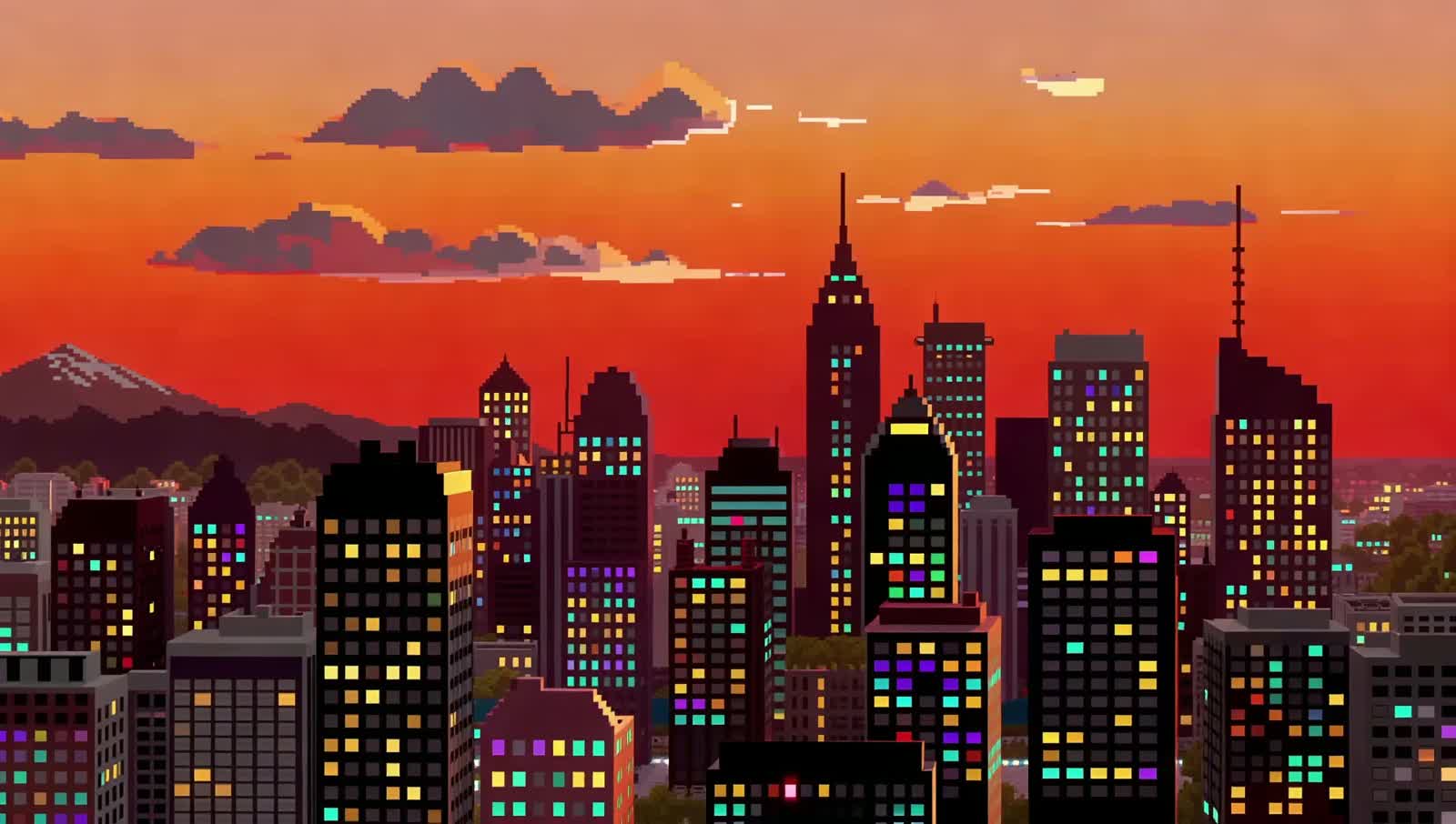 8-bit computer graphics, palette cycling, highly pixelated, 8 bit, A blocky and pixelate, pixels, pixel art, sunset, loo...