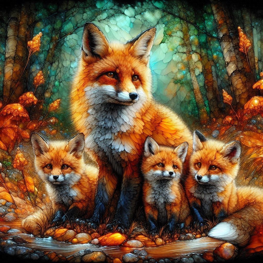 Fox with Kits ~ Alcohol Ink