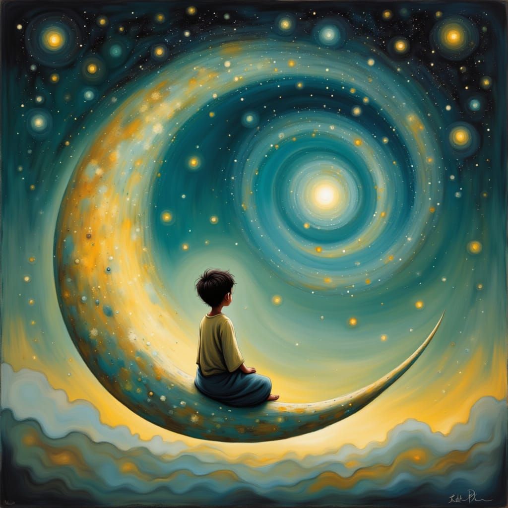 Child on Moon Gazing at Nebula in Digital Painting Style