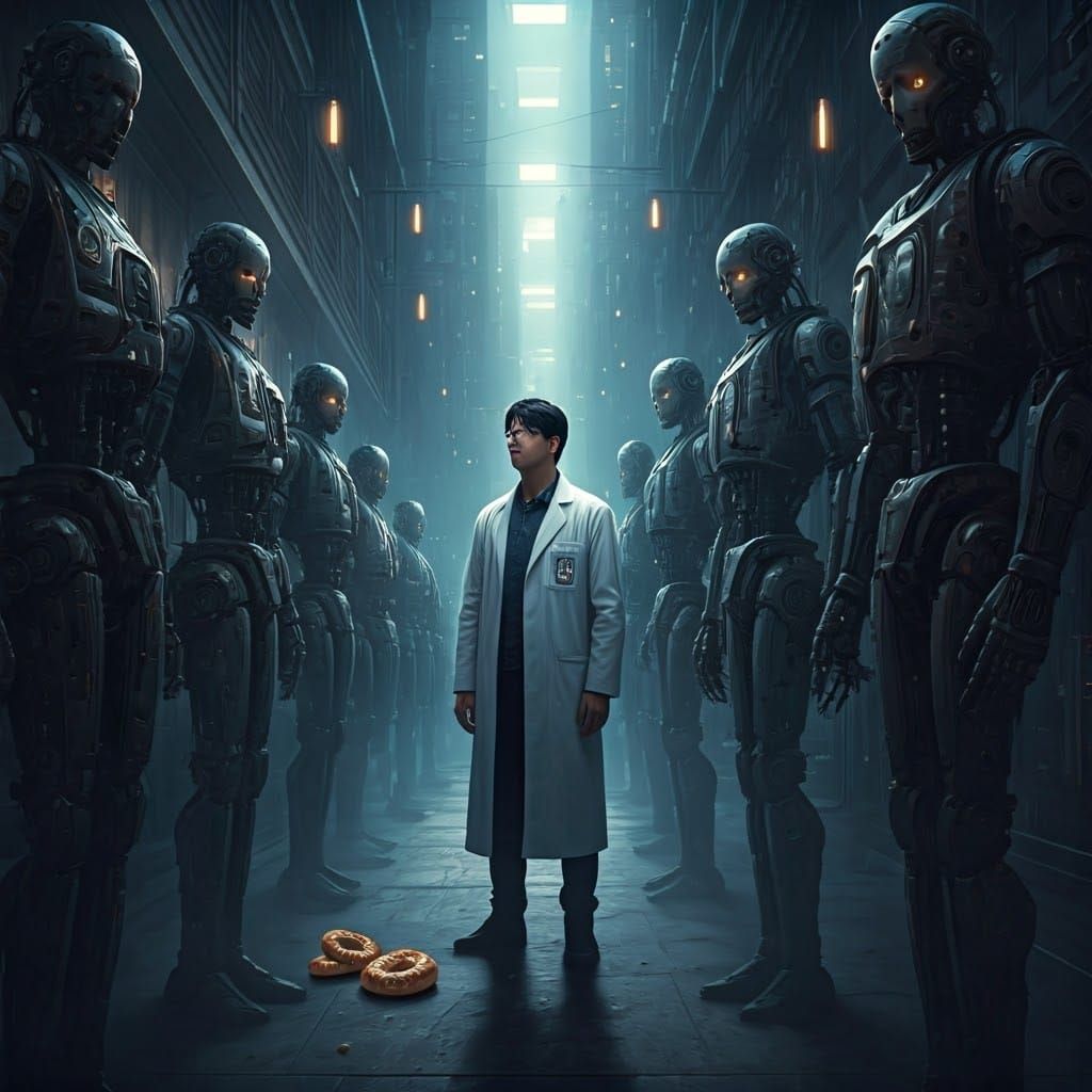 Dystopian Robots and Cytologist in Futuristic Metropolis