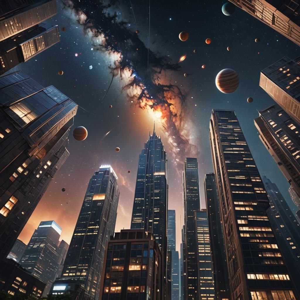 A Few Skyscrapers as viewed close up from the ground but the sky is a deep space scene with planets and bright stars at night.