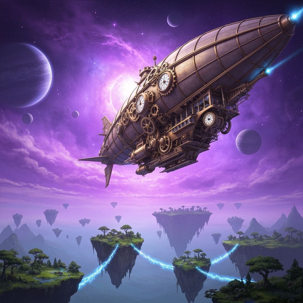 Steampunk Airship Amidst Cosmic Nebulae and Floating Islands