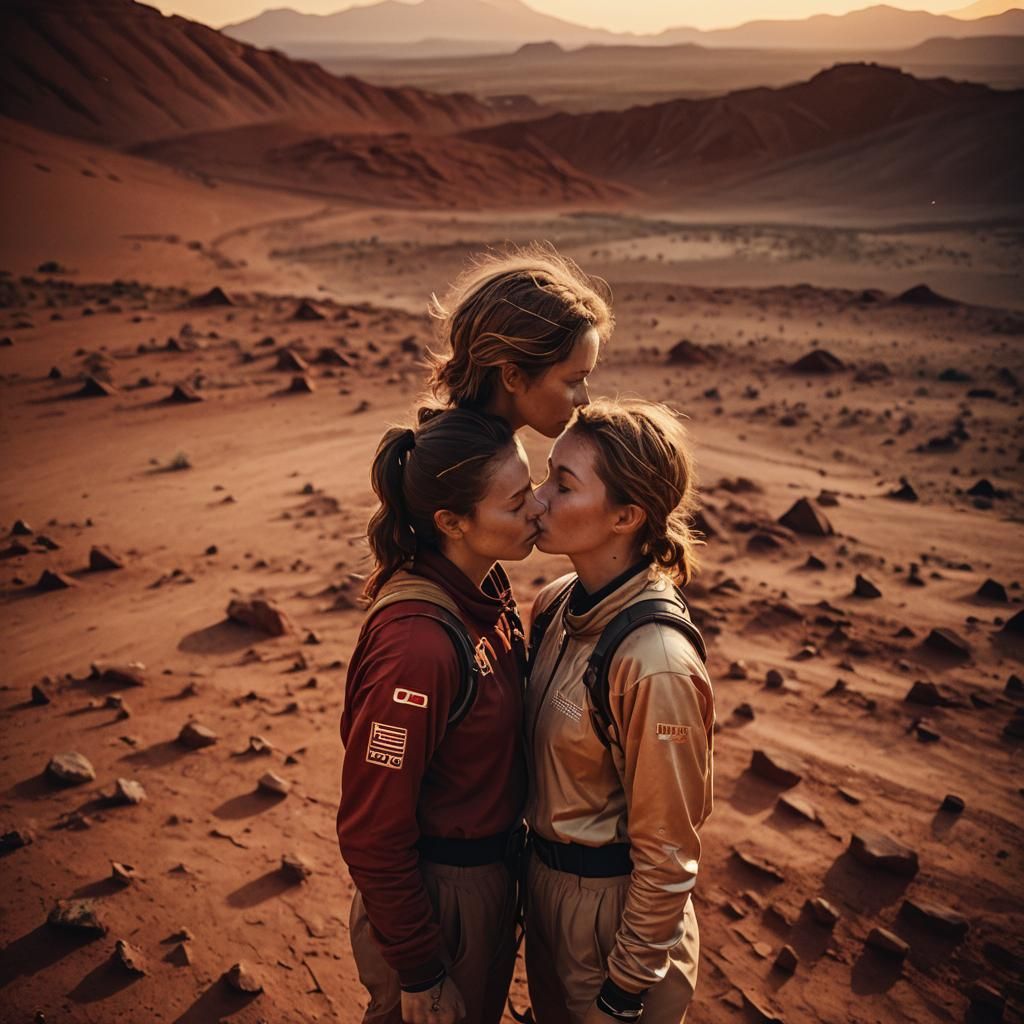 Lesbians standing on Mars. Kissing.