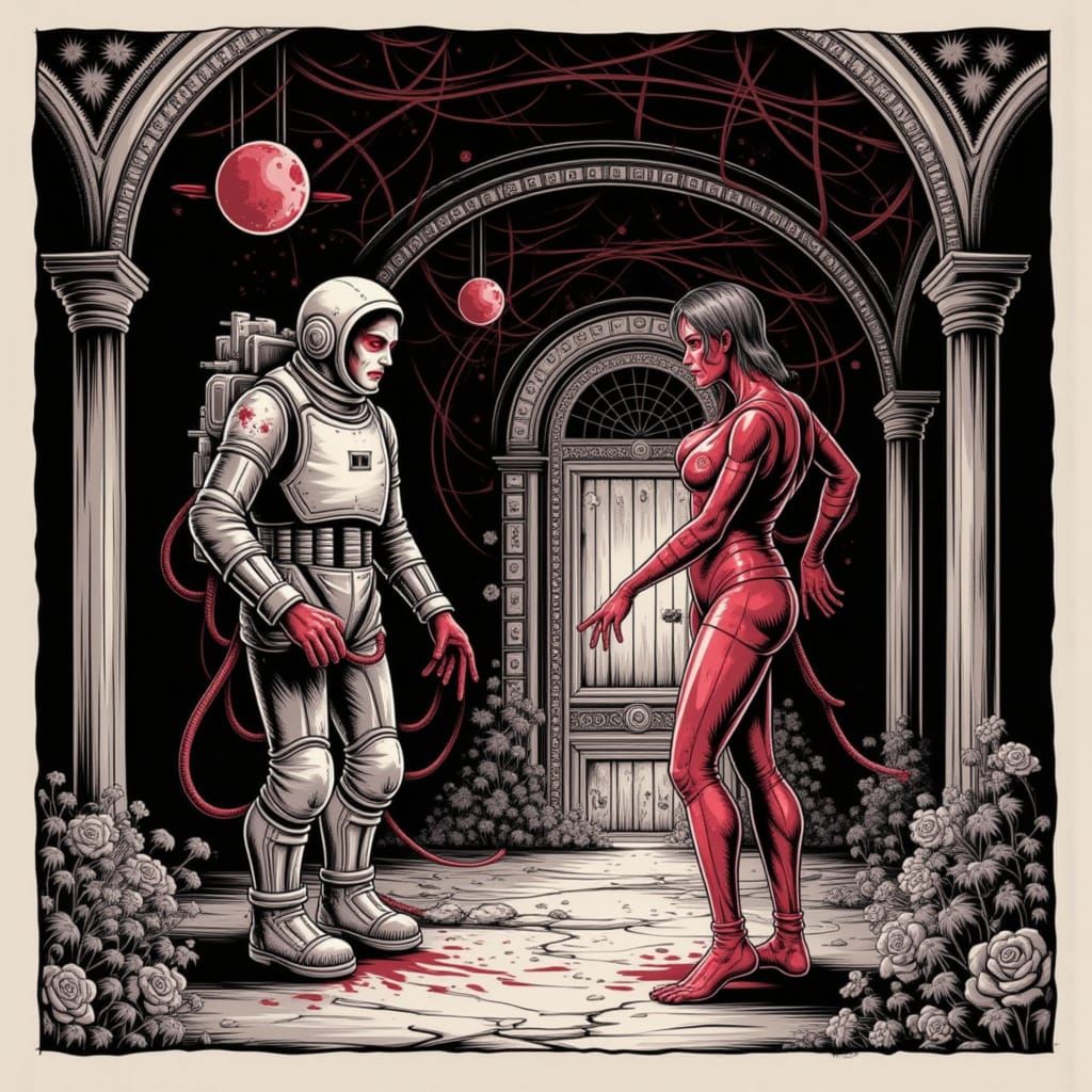 Vermilion Spaceman navigating a 

Old, Dilapidated Mansion room

Comic book Horror By Terry Moore <lora:Sequence X-23:1.0>