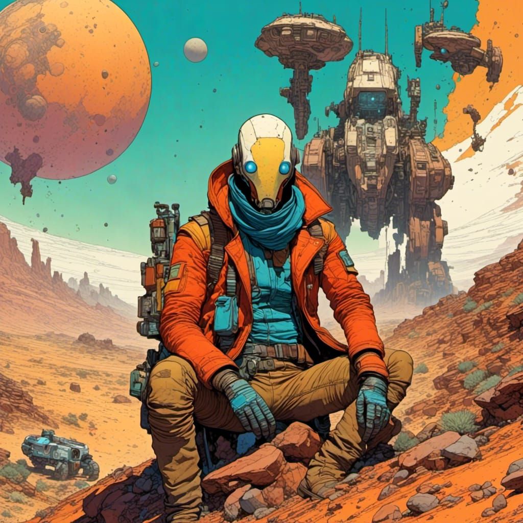 <lora:SciFae Serenity:1.0> Mœbius inspired Borderlands artwork