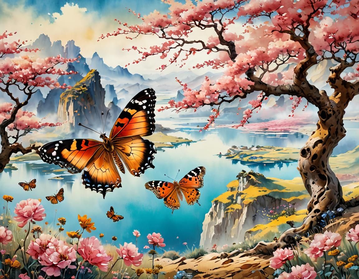 A scenic image of a rugged scavenger equipped with makeshift armor and tools, scouring the wasteland for resources.Painting of painted-lady...