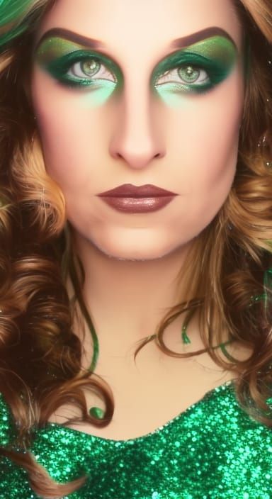 Gaia in glittering green eye shadow & glittering green dress