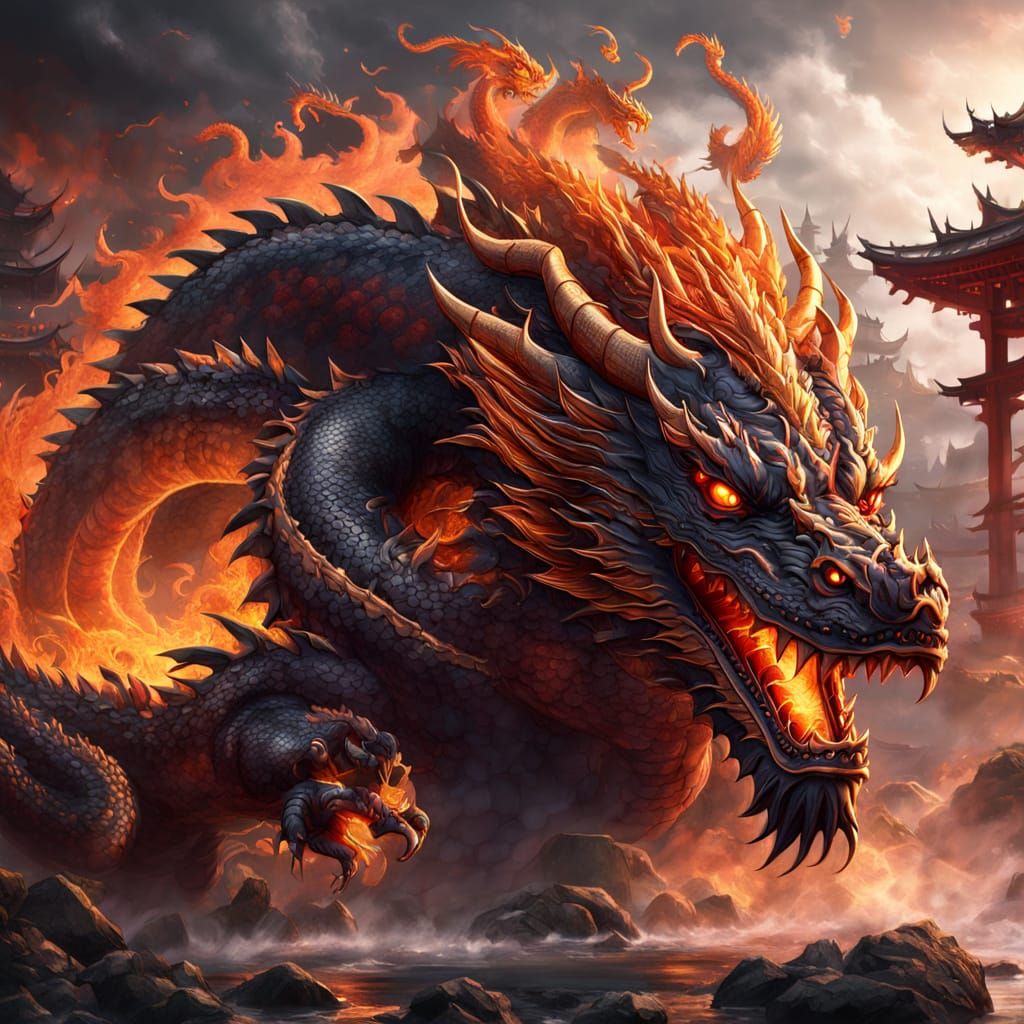 Eight-Headed Japanese Fire Dragon in Mist