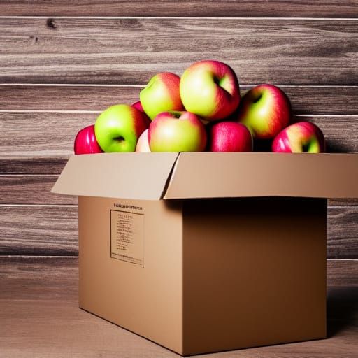 A box piled high with apples, which overflowing and falling ...
