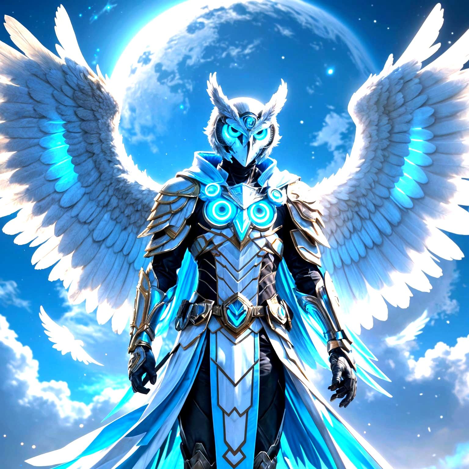 Angel, blue and white mask of a owl, wings white with neon glowing blue stripes, Big moon in the background. Anime style, male