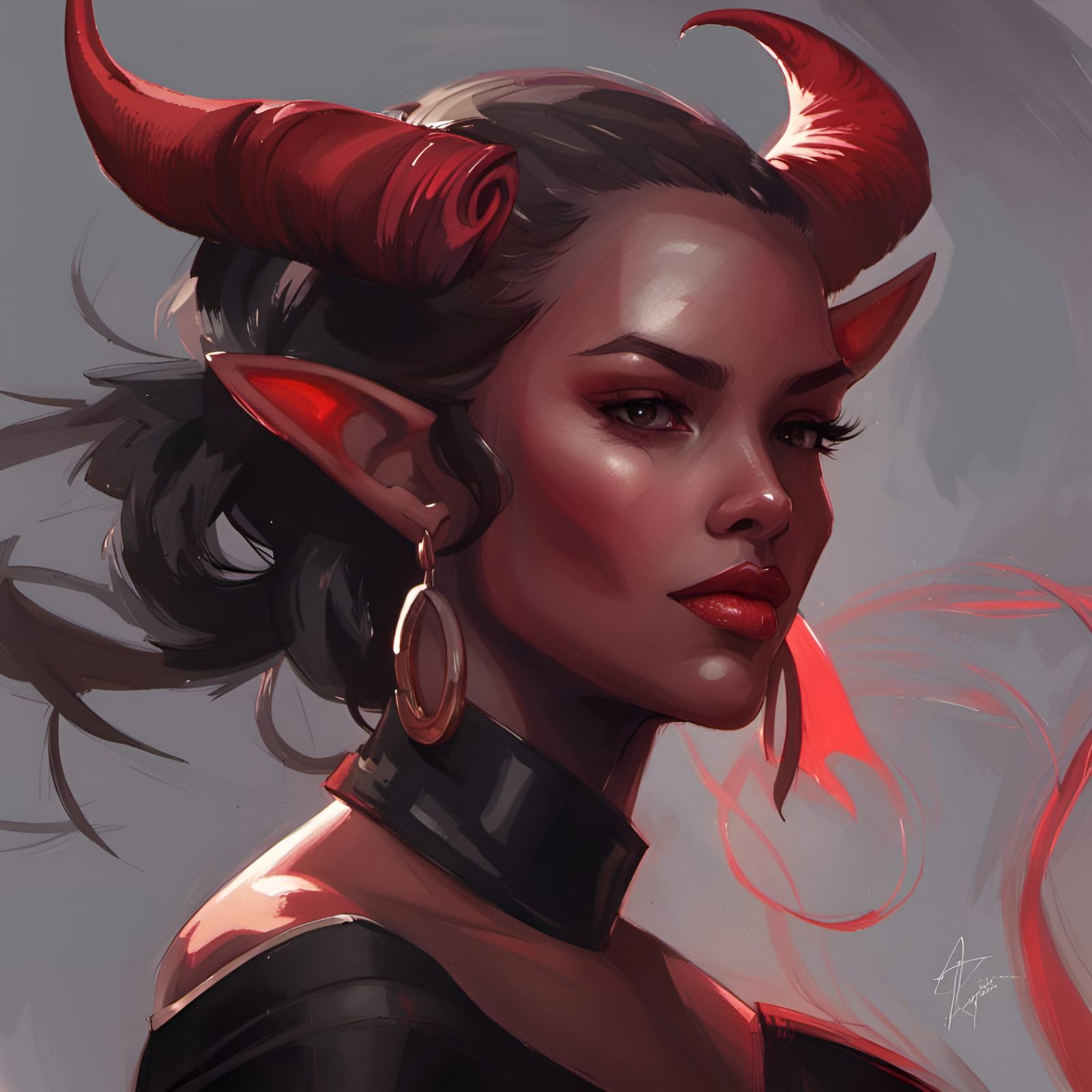 Dark Fantasy Tiefling Dancer, Black Dress, Red Skin, Woman, Headshot 