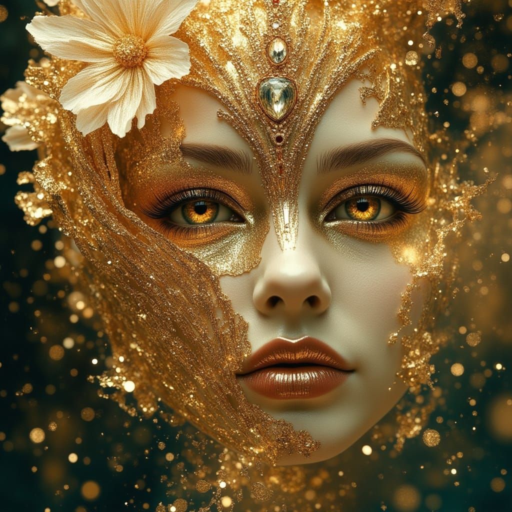 <lora:Dark Portraits:1.0> <lora:DreamweaverFlux:1.0> A Venetian mask in the very moment of disintegration — an exquisite face made of gold, ...