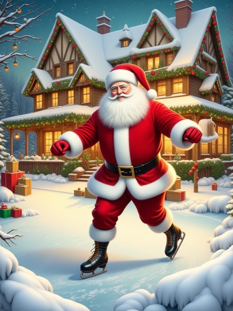 Santa Ice Skating in Festive Winter Scene